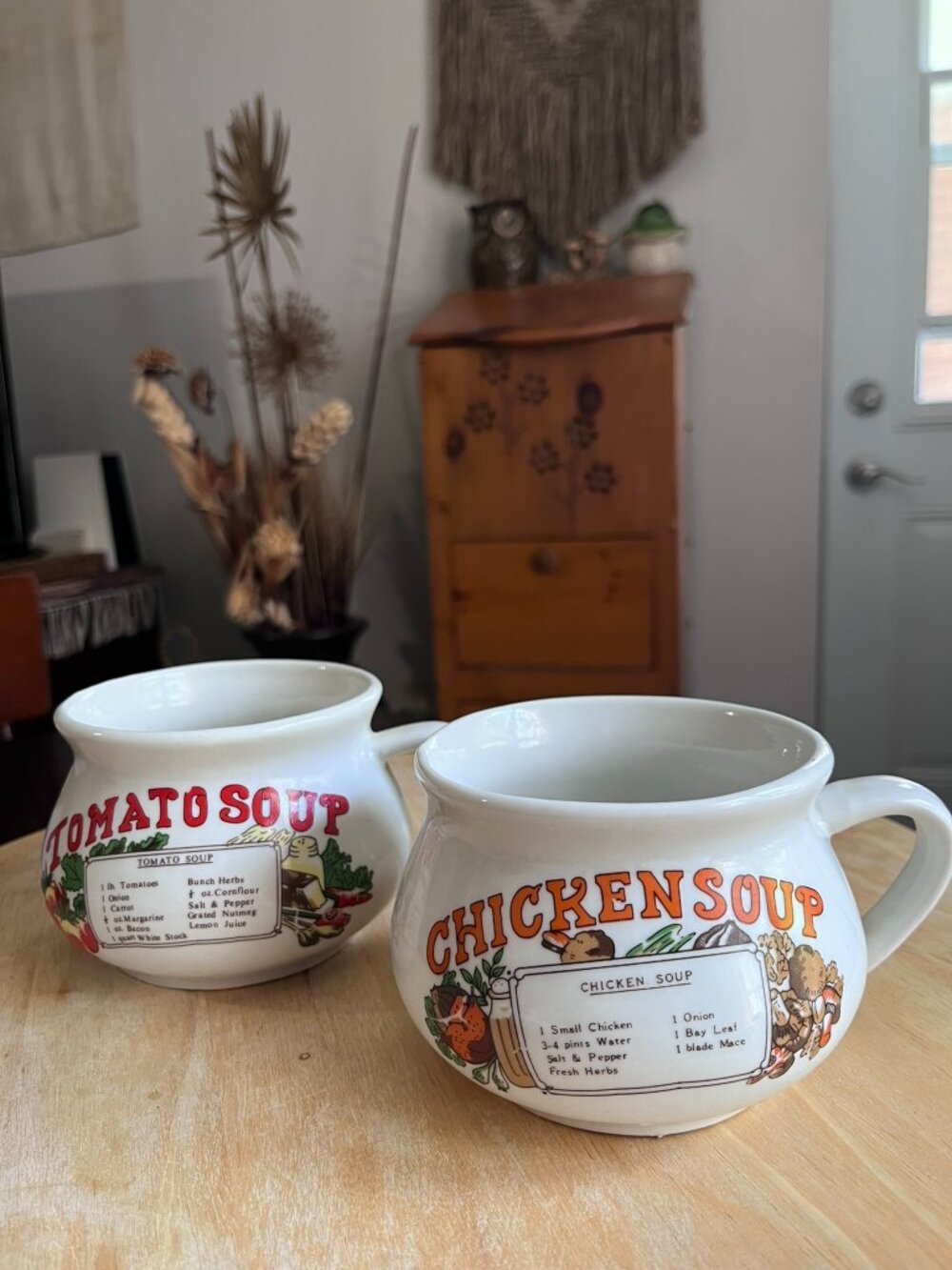 Vintage 1970s/1980s Ceramic Soup Recipe Mugs - Set of 2 (Tomato & Chicken)